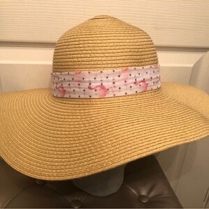 Wide Brim Straw Sun Hat with Pink Flamingo Band